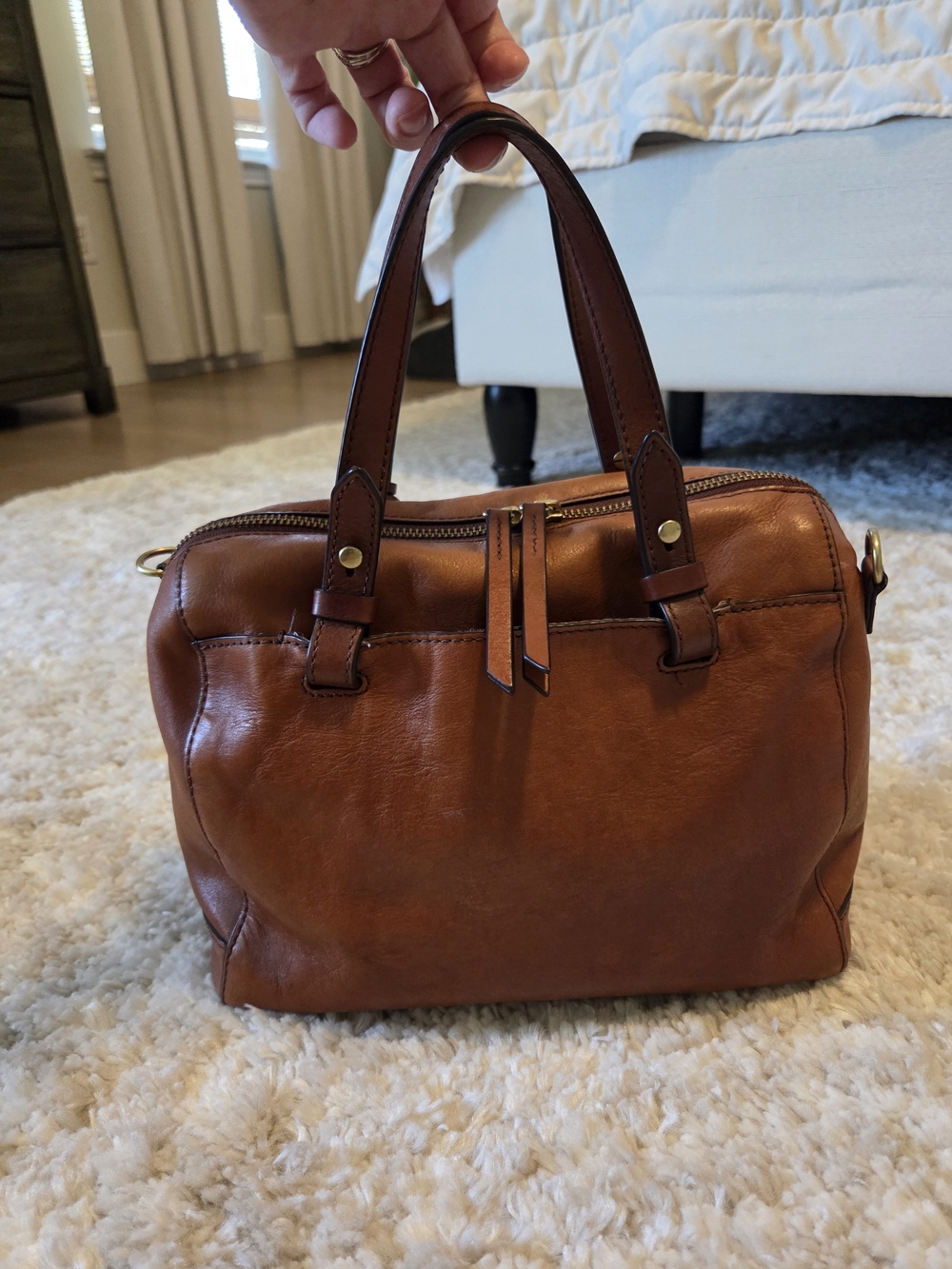 Fossil Cognac Leather Satchel with Key Charm - Picture 3 of 16